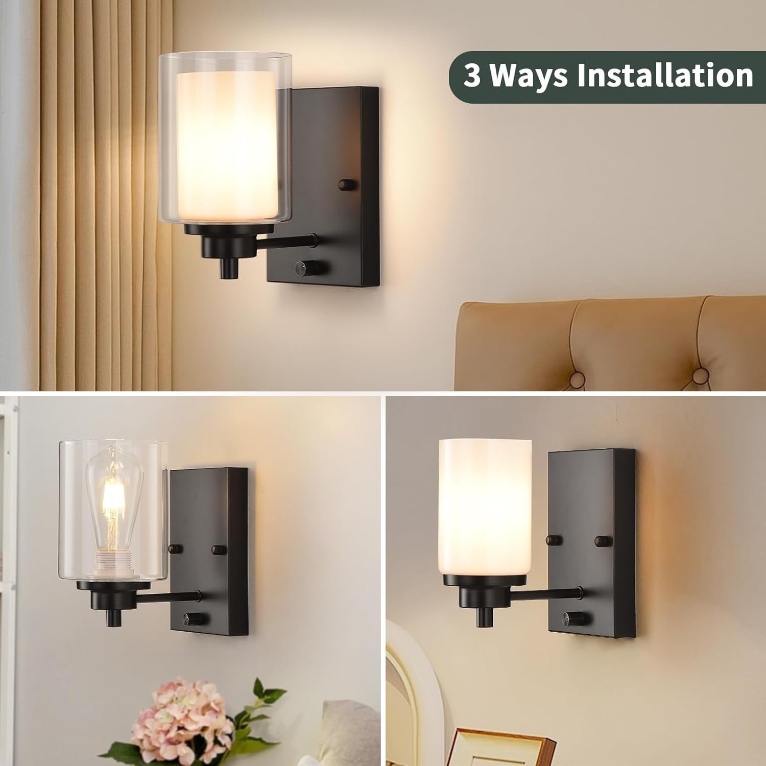 Dimmable Industrial Wall Sconces Set of 2, Matte Black, Remote