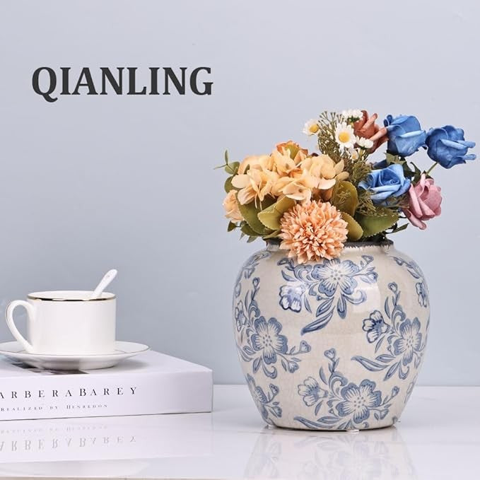 Blue White Floral Ceramic Vase Vintage Chinoiserie Table Centrepiece 17cm