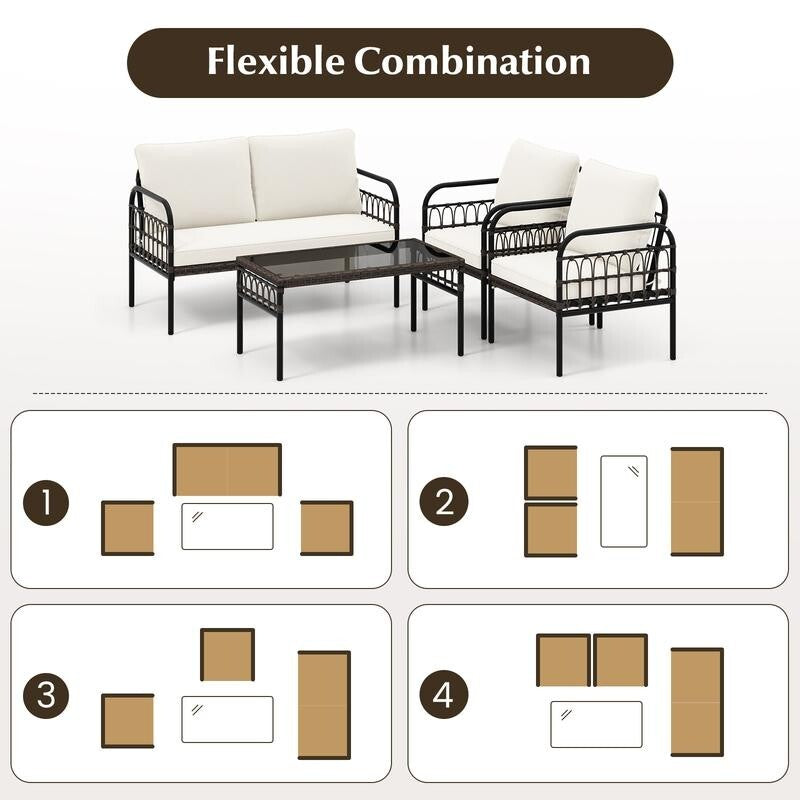 4 Piece Rattan Garden Furniture Set w/ Cushions & Glass Table Patio Seating Set