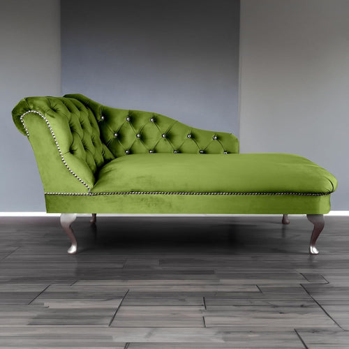 Tufted Olive Velvet Chaise Lounge Sofa Left Hand – Handmade, Compact & Elegant