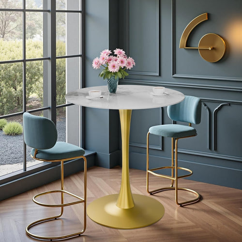 White 76cm Round Tall Bar Table 100cm Sintered Stone Top with Gold Metal Base