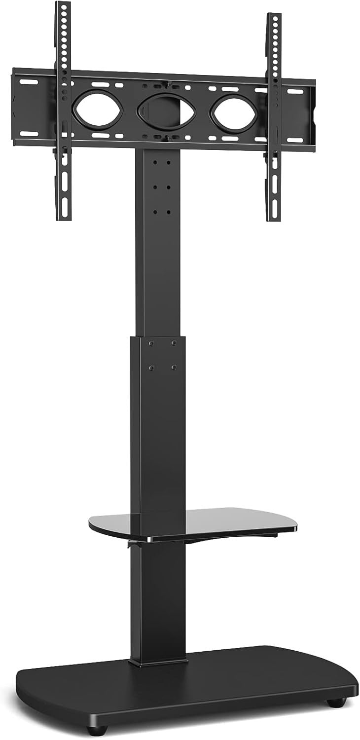 Black Floor TV Stand 32–65" Swivel Mount Glass Shelf Height Adjustable