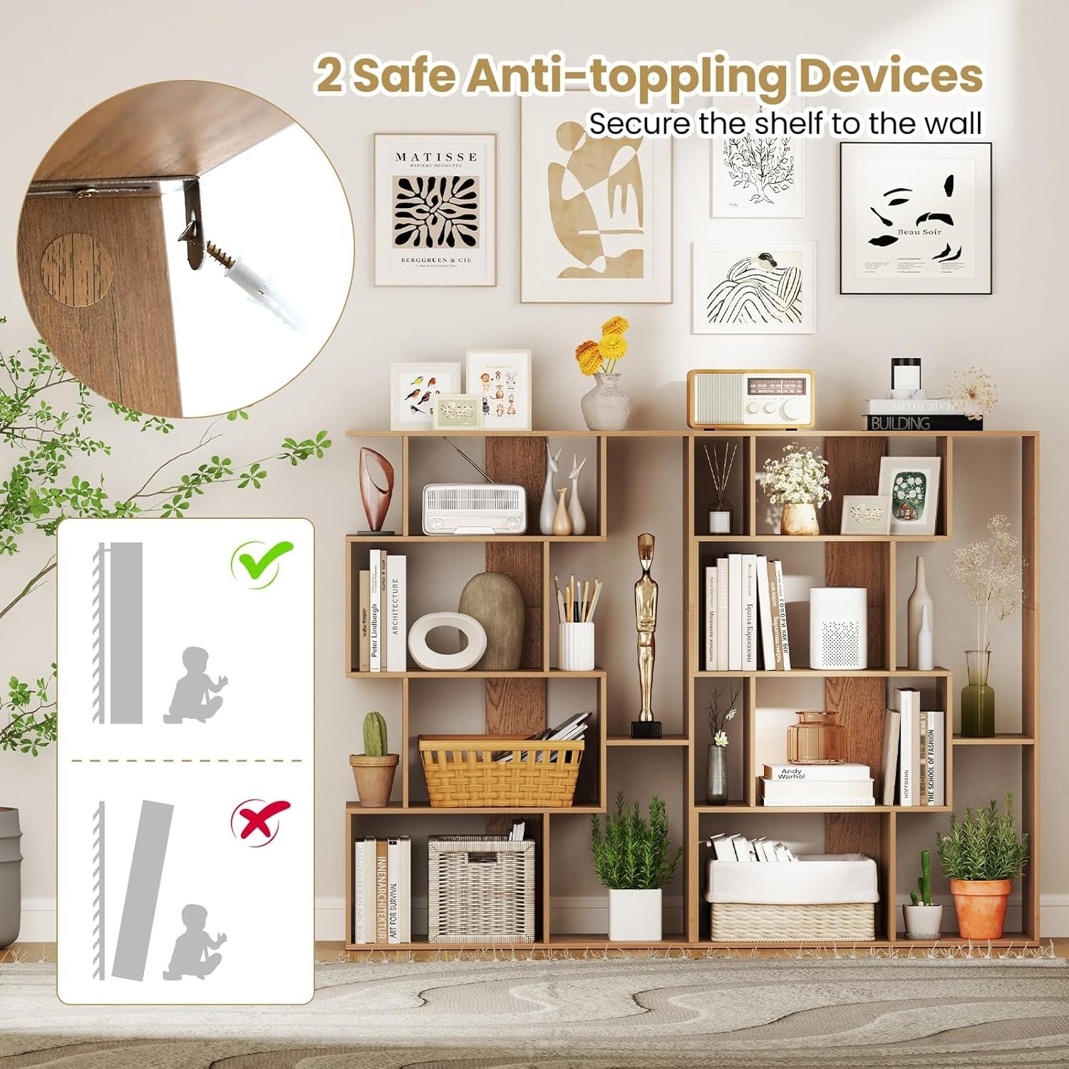 Modern 6-Cube S-Shape Bookcase Storage Unit with Anti-Tip Design – Natural Oak