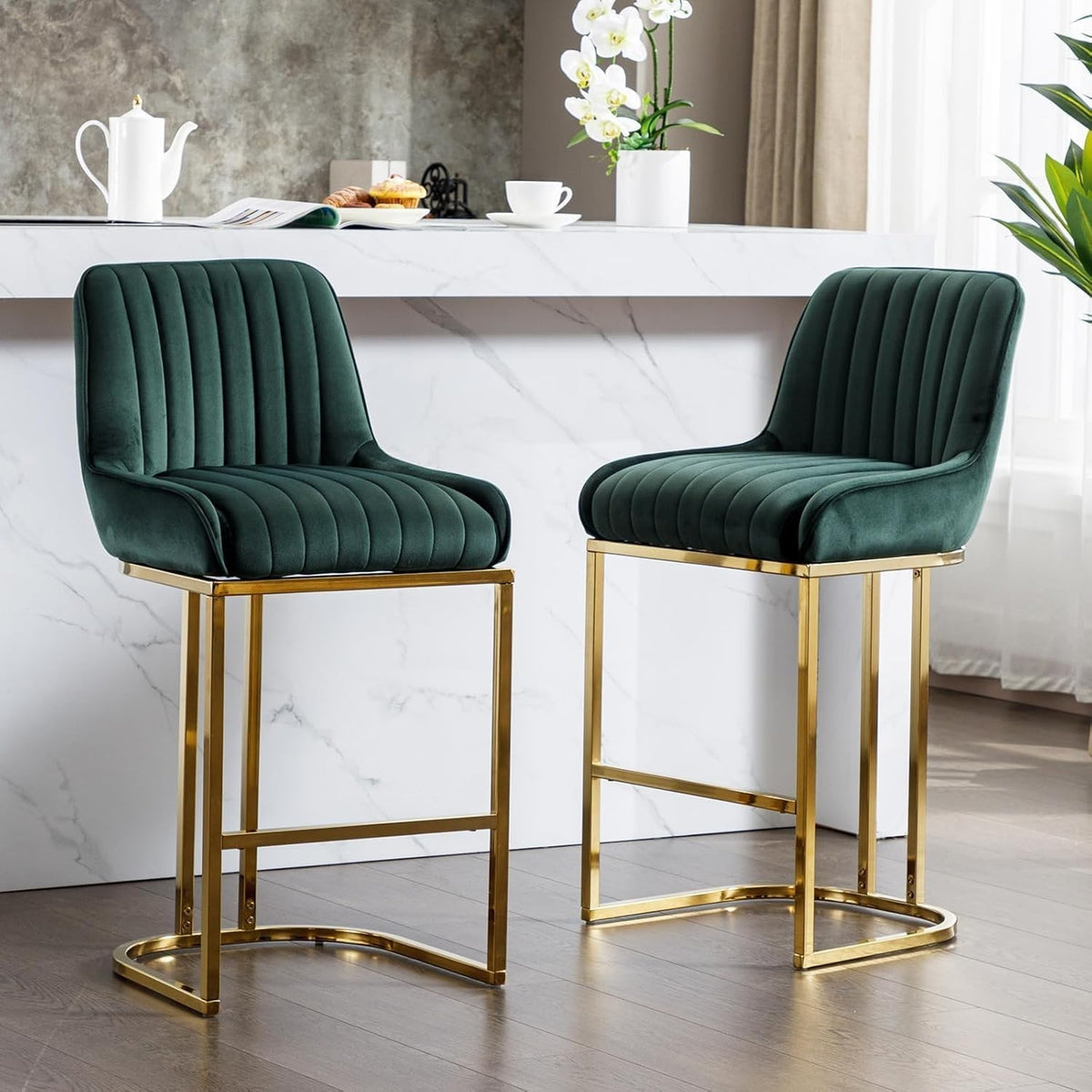 Bar Stools Set of 2 | Green Velvet L-Shaped Counter Dining Chairs
