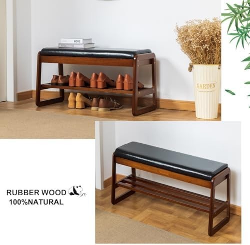 Contemporary Black Solid Wood Shoe Bench with Cushion & Hidden Storage