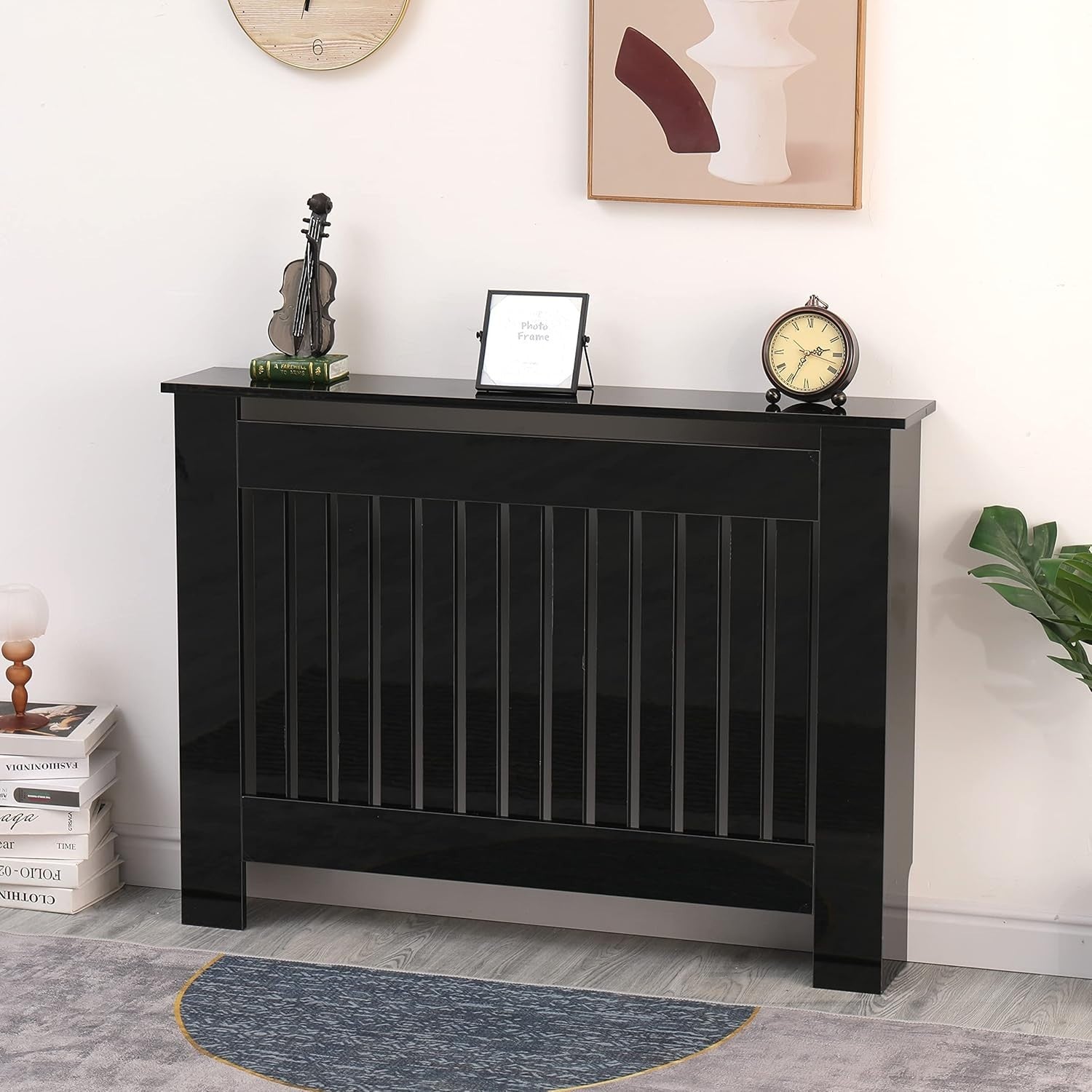 High Gloss Black Radiator Cover Modern Vertical Slat MDF Cabinet W111xH82cm