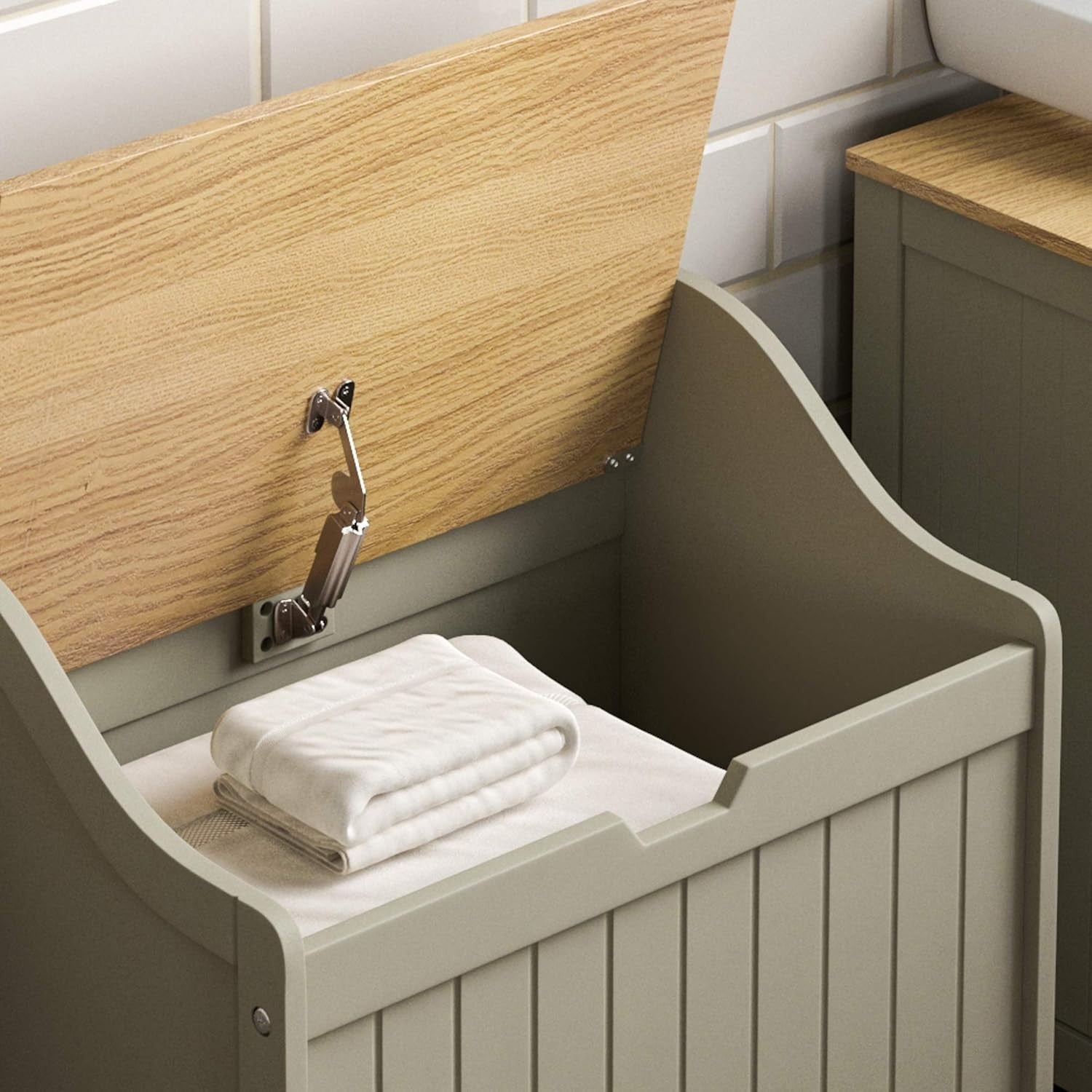 Bathroom Laundry Cabinet Storage Chest with Wooden Basket Grey Oak MDF