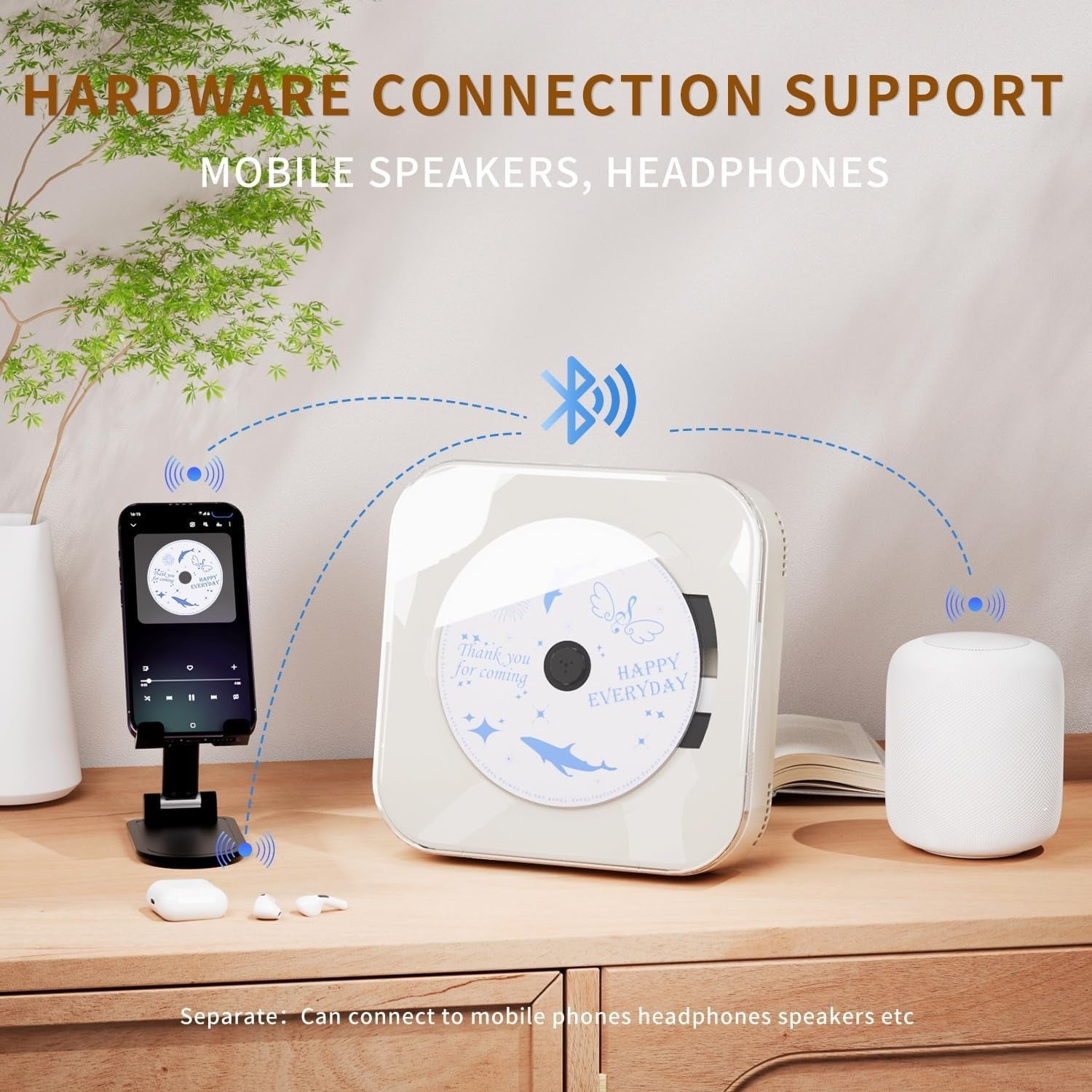 Portable CD Player Bluetooth Speakers USB Transparent Lid Compact White