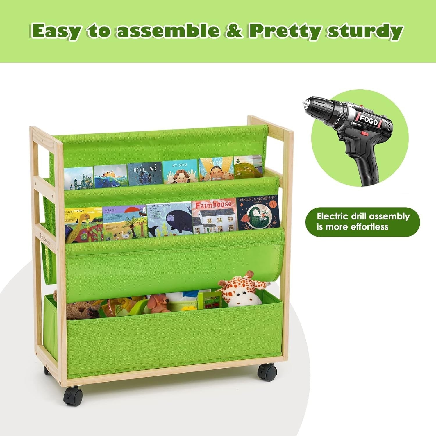 Kids 4-Tier Rolling Bookcase with Fabric Bins & Lockable Wheels, Pine Wood