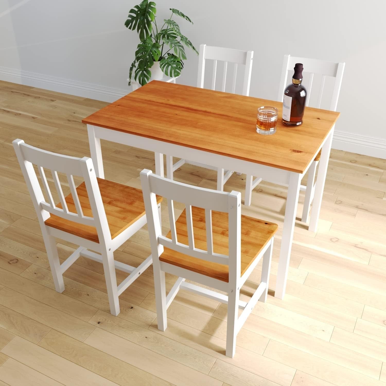 Solid Wood Rectangular Dining Table & 4 Chairs Set - Honey Kitchen Furniture