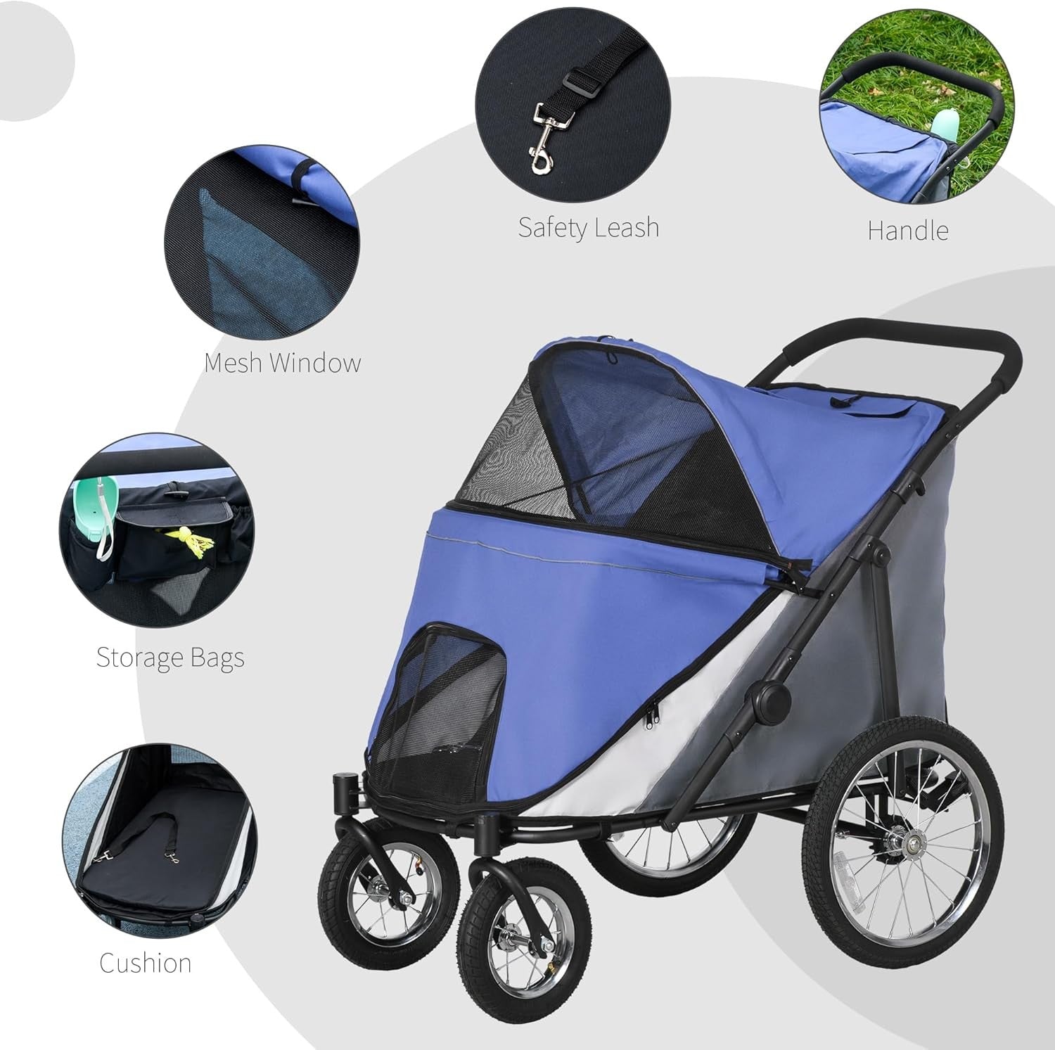 Blue Large Dog Stroller Jogger Foldable Pushchair with Cushion All Terrain