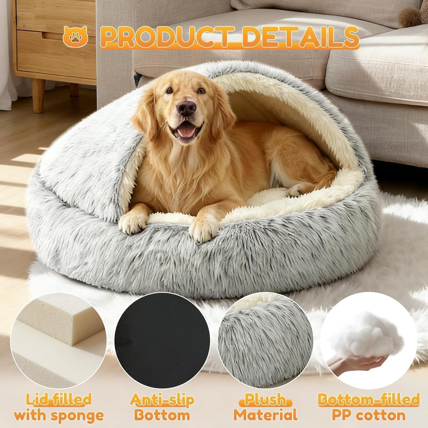Large Calming Dog Cave Bed 80cm Hooded Washable Anti Anxiety