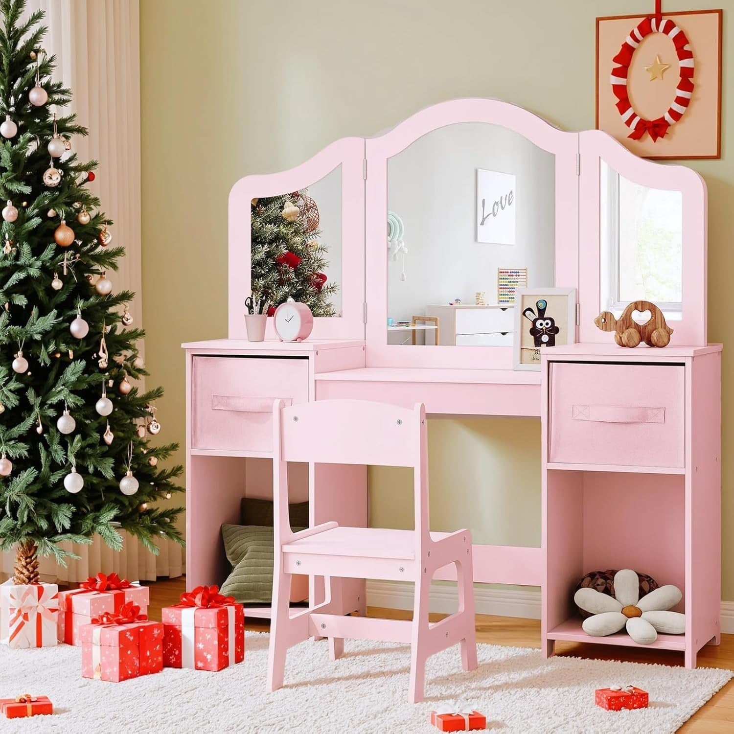 Kids Vanity Table & Chair Set w/ Mirror & Storage – Pink Makeup Desk for Girls