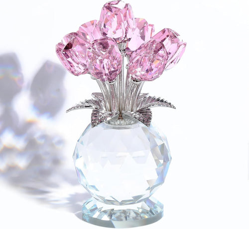 Pink Crystal Tulip Flower Ornament – Luxury K9 Glass Bouquet Gift for Her Home