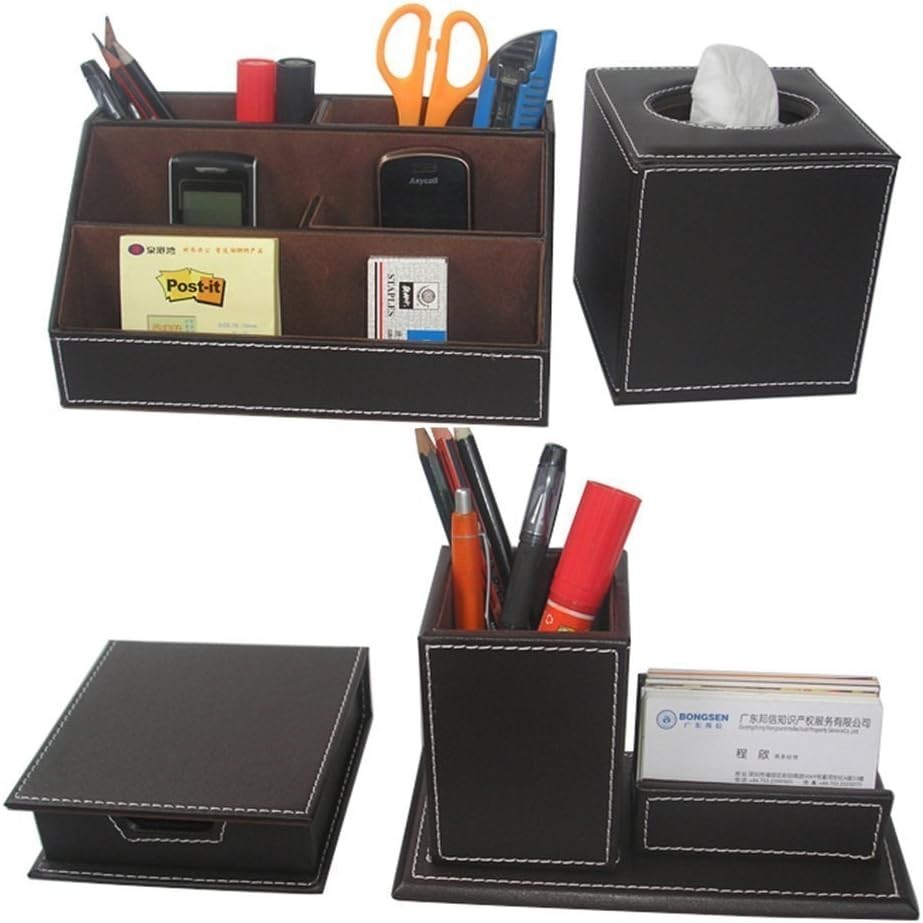 4-Piece Brown PU Leather Desk Organizer Set with Tissue Box & Pen Holder