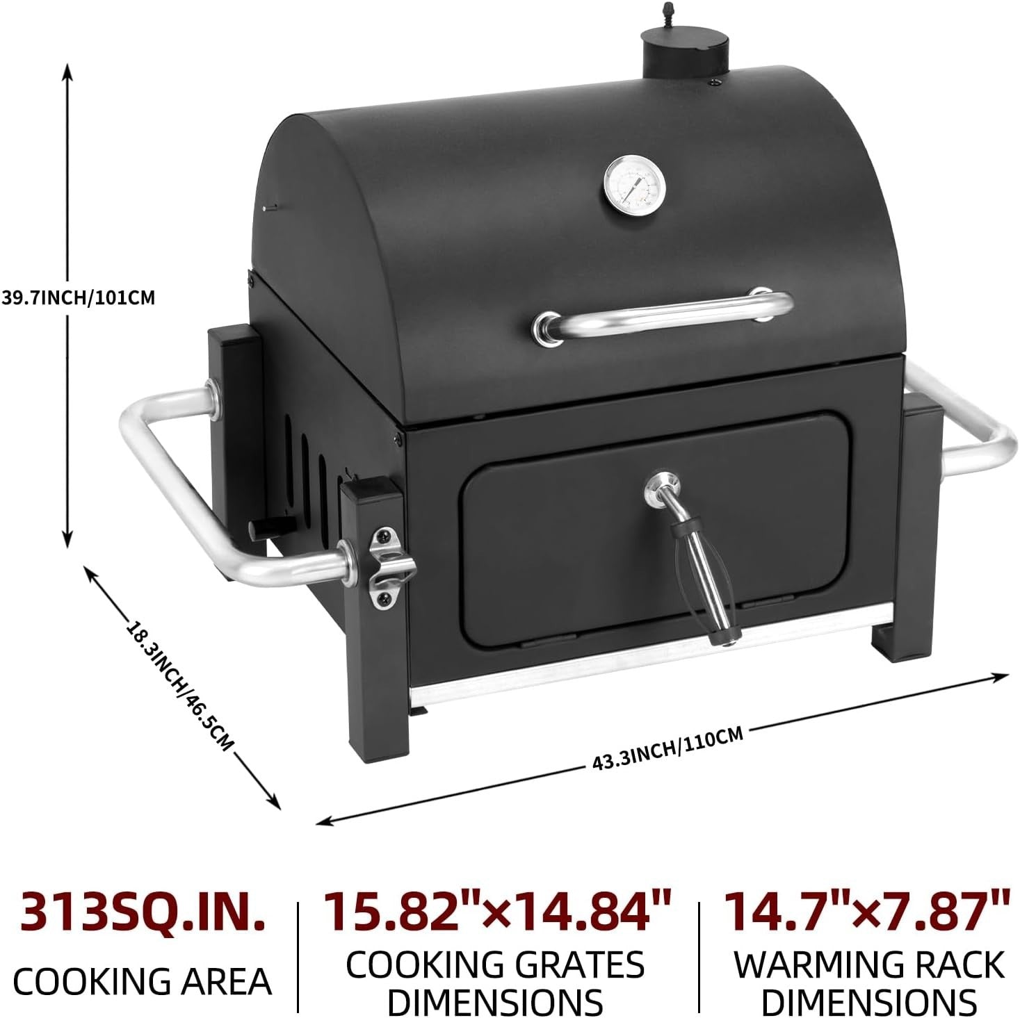 Portable Charcoal BBQ Grill with Chimney Lid & Thermometer for Camping & Patios