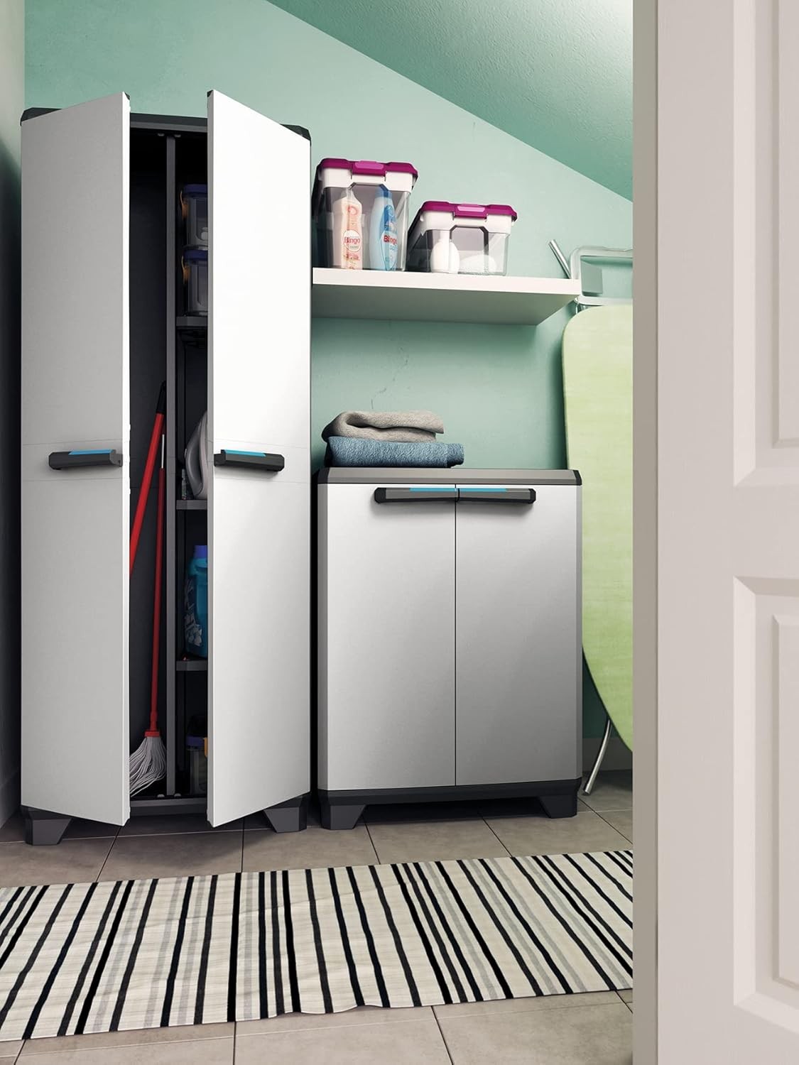 Low Plastic Storage Cabinet with Adjustable Shelves for Garage or Home
