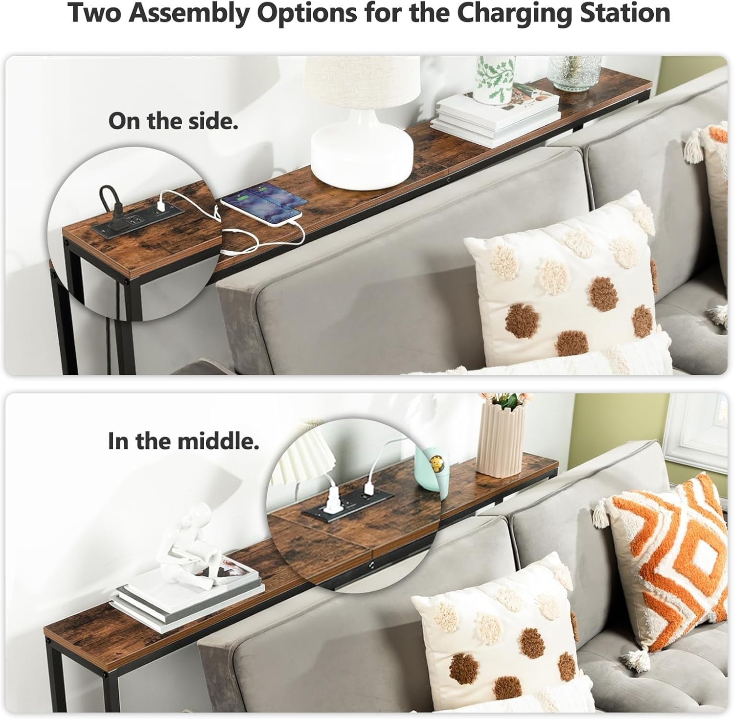 Console Table with Power Outlet USB Ports, Narrow Sofa Table 160cm