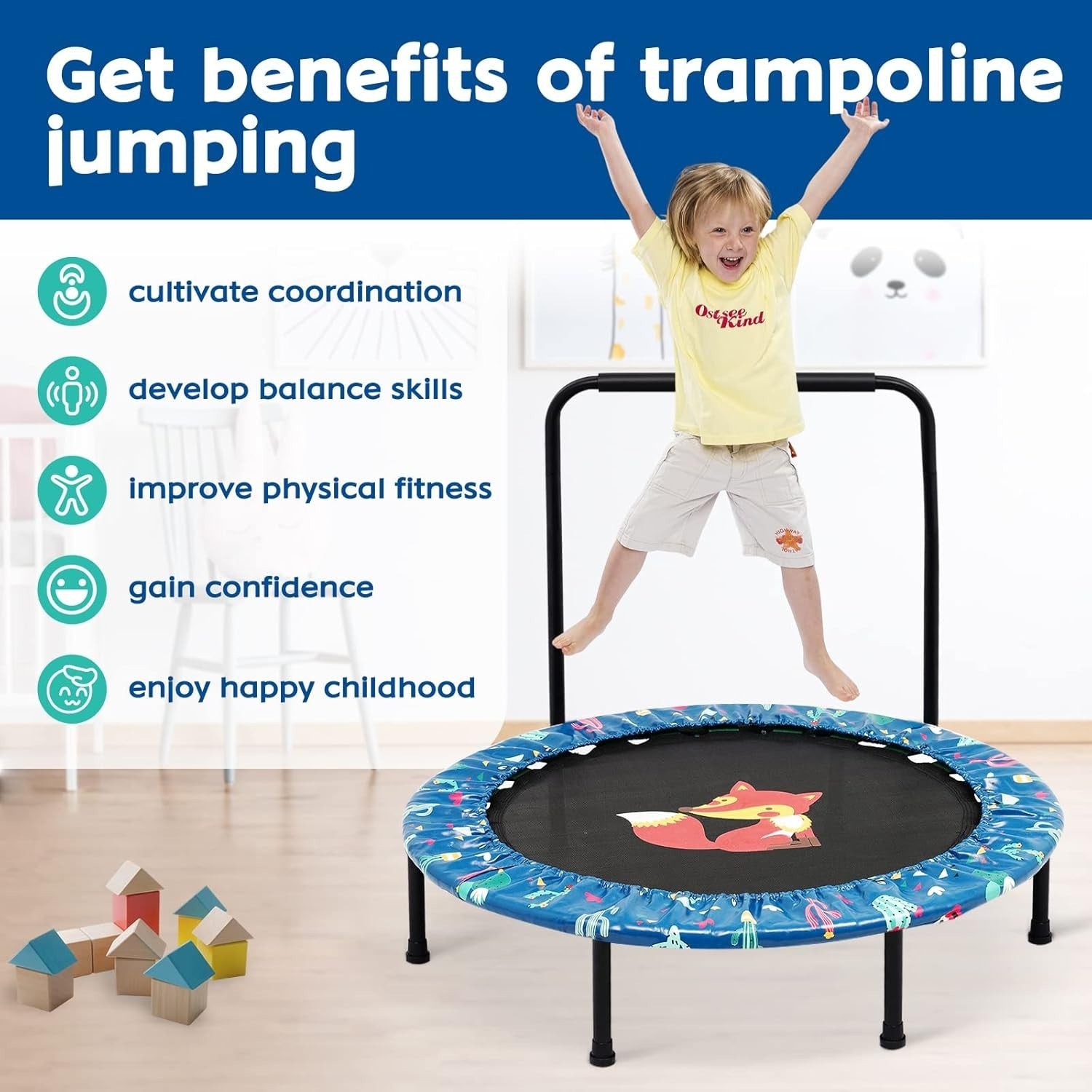 38'' Kids Mini Trampoline Foldable Quiet Rebounder Adjustable Handle Green