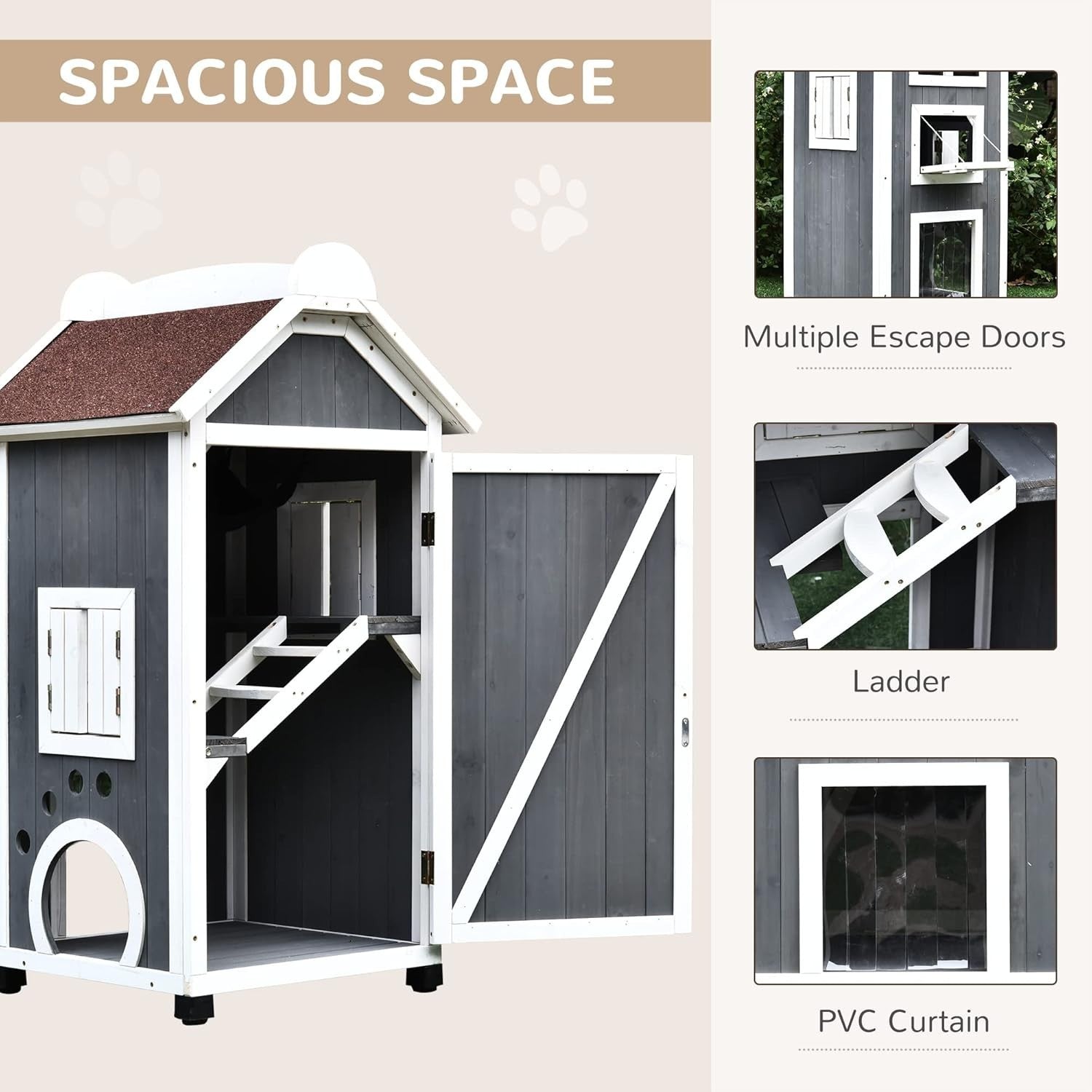 Outdoor Wooden Cat House 2-Floor Condo with Stairs & Weatherproof Roof