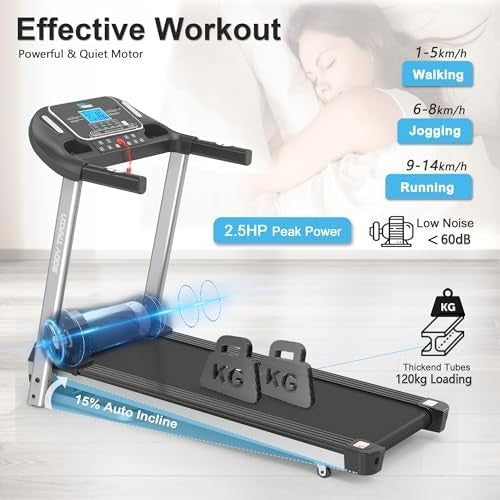 Folding Bluetooth Treadmill 14km/h 15-Level Incline 2.5HP App Sync Home Running