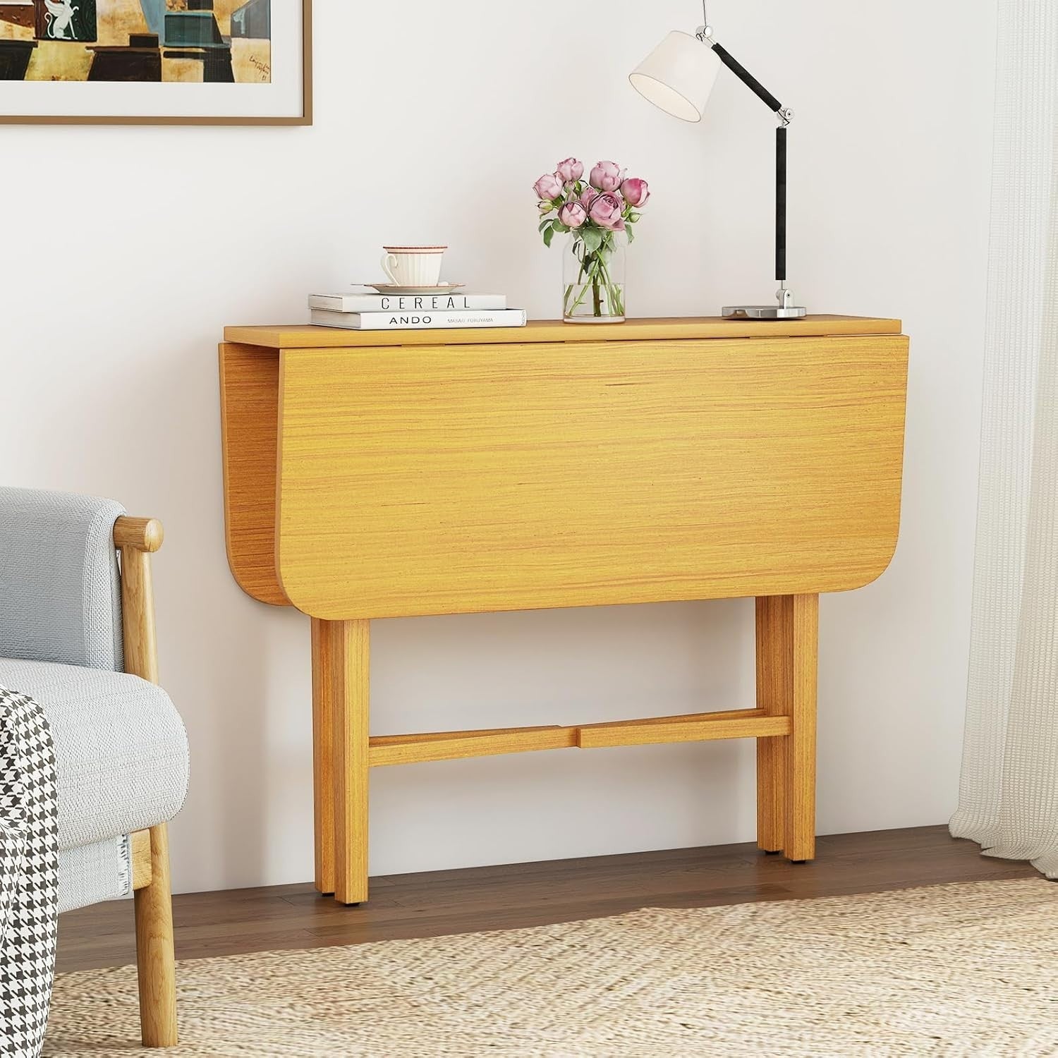 Extendable Drop Leaf Dining Table with Rubber Wood Legs for Small Spaces