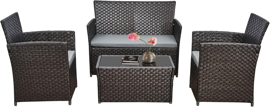 4-Seater Rattan Garden Patio Set | Outdoor PE Wicker Chairs & Glass Table
