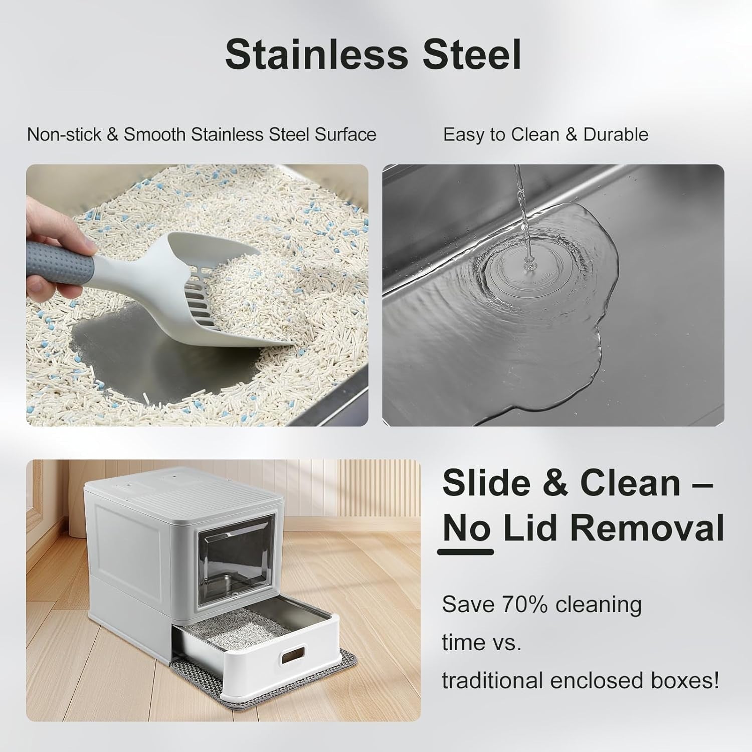 Enclosed Stainless Steel Cat Litter Box Lid Drawer Anti Leak Smell Free