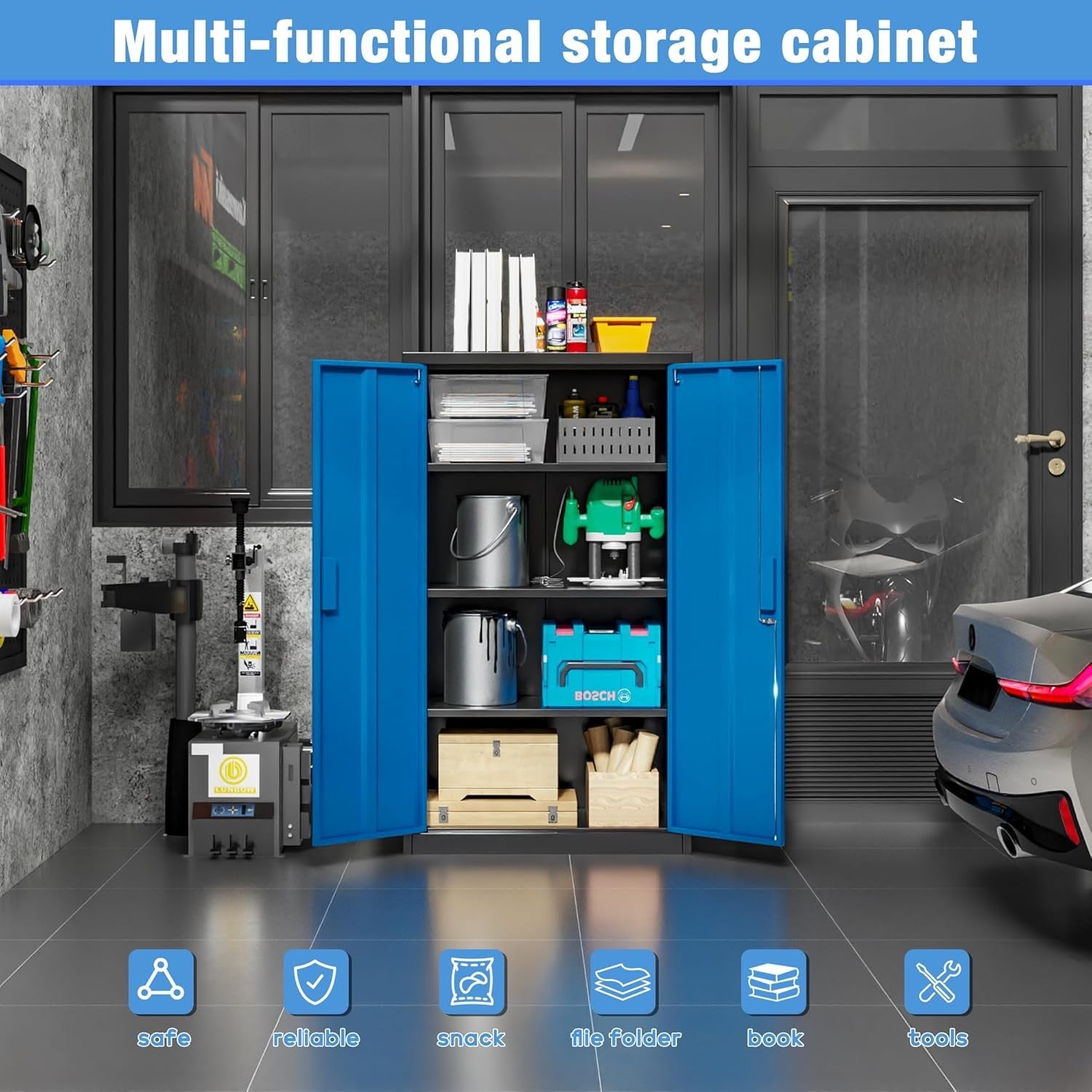 Metal Storage Cabinet 2 Door Lockable Cupboard 3 Adjustable Shelves Black Blue