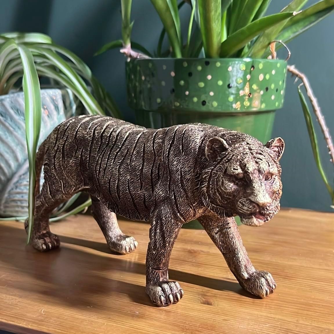 Bronze Effect Tiger Statue Ornament • Detailed Resin Wildlife Decor • 23cm