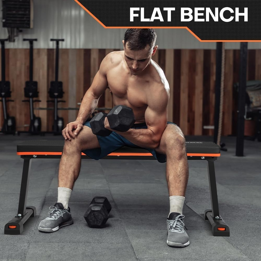 Foldable Flat Workout Bench 450lb Compact Strength Trainer Home Gym