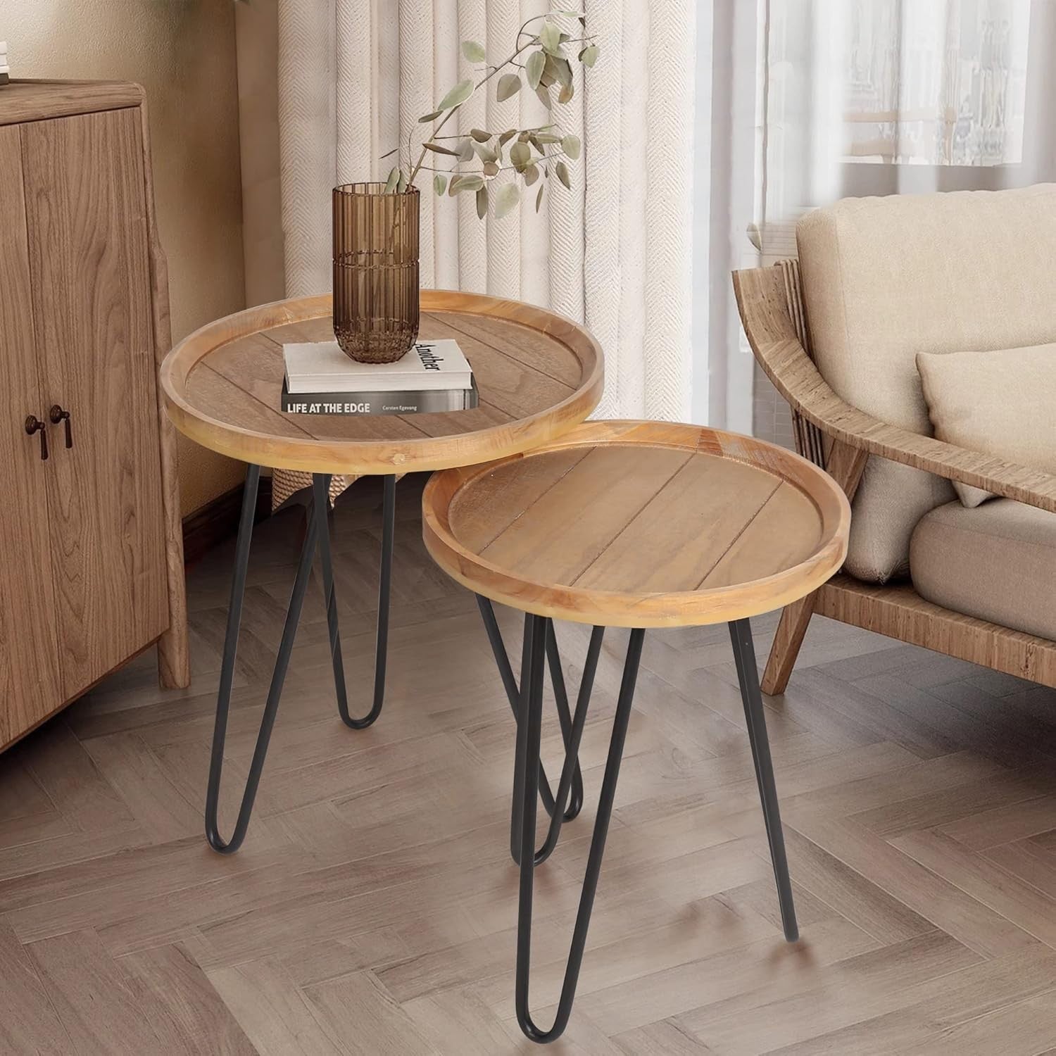 Round Wood Nesting Coffee Table Set of 2 End Side Tables Metal Frame Natural