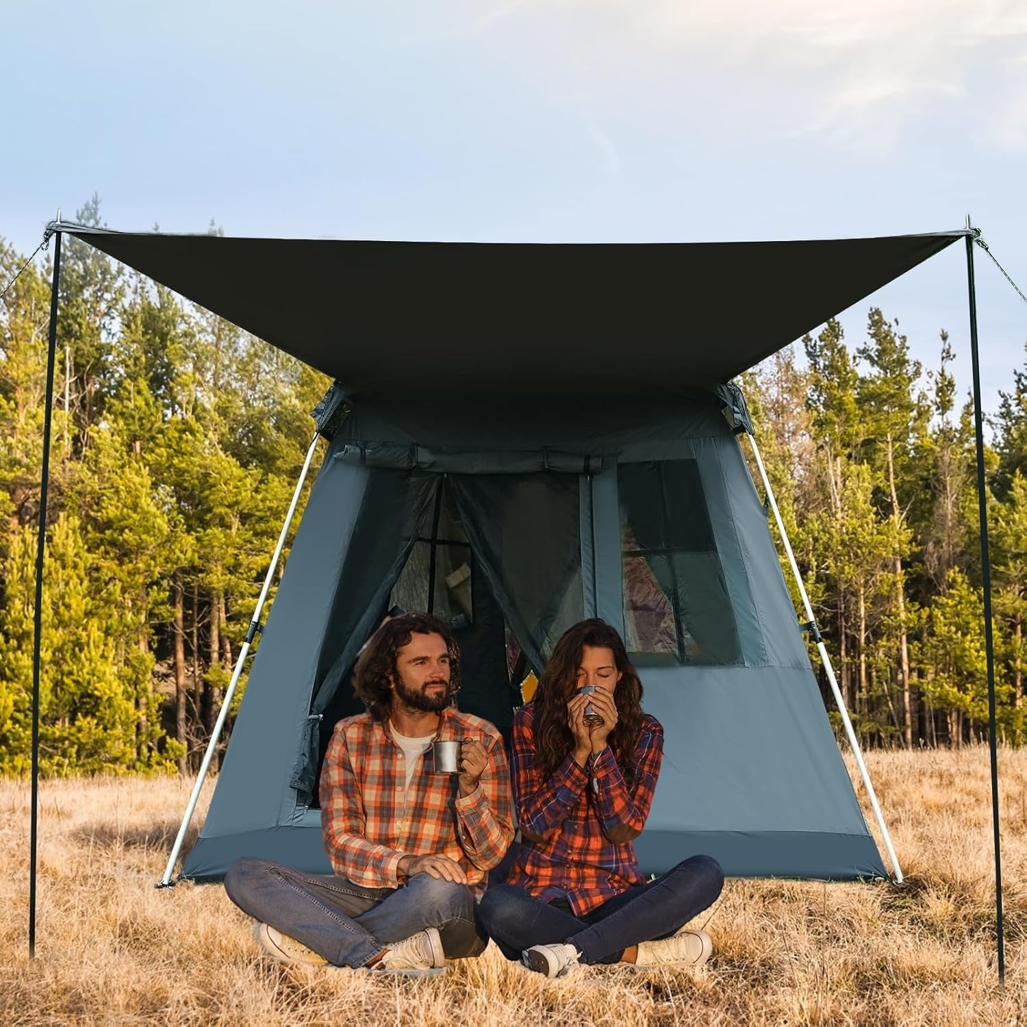 4 Person Pop Camping Tent Waterproof UV Dome w Sunshade