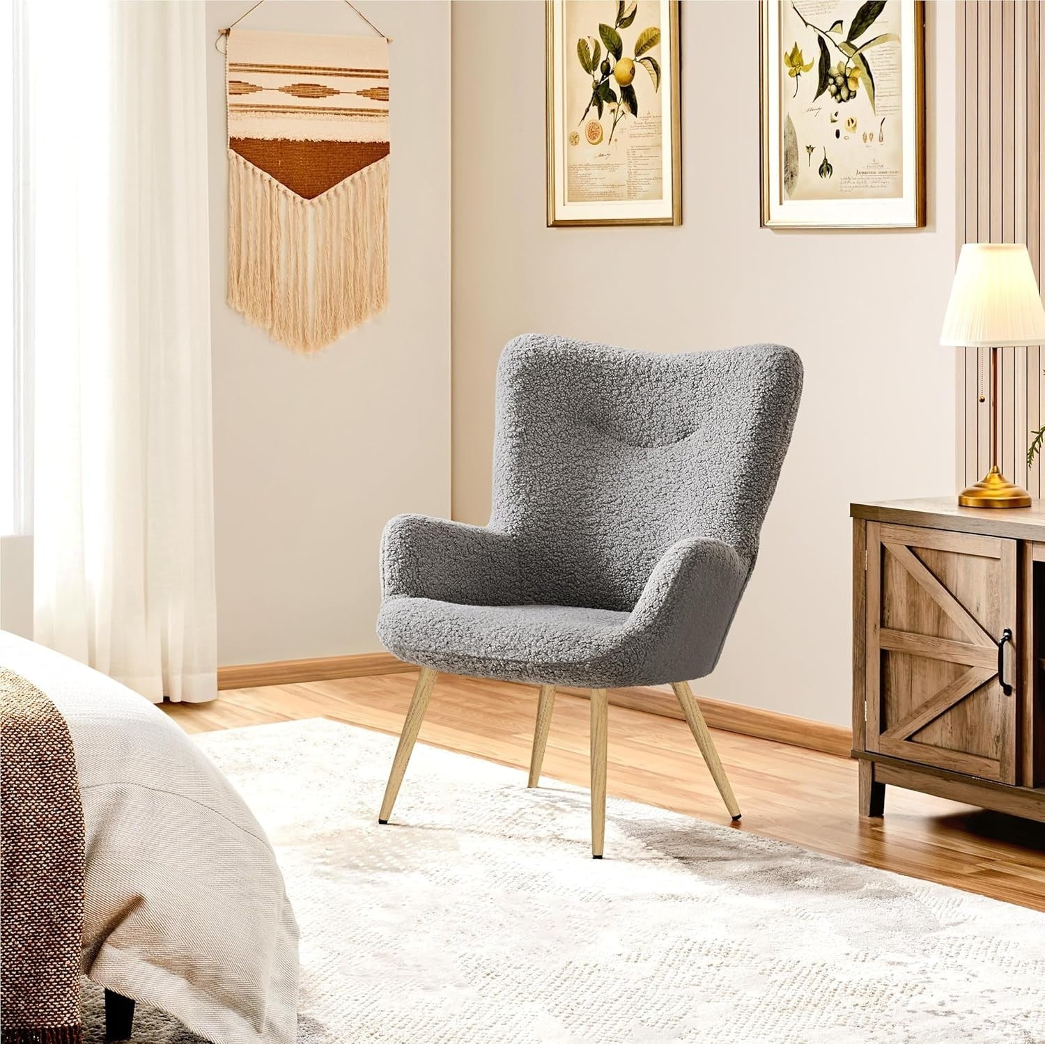 Cozy Sherpa Fuzzy Tub Chair with Folding Backrest & Wooden Legs, Grey