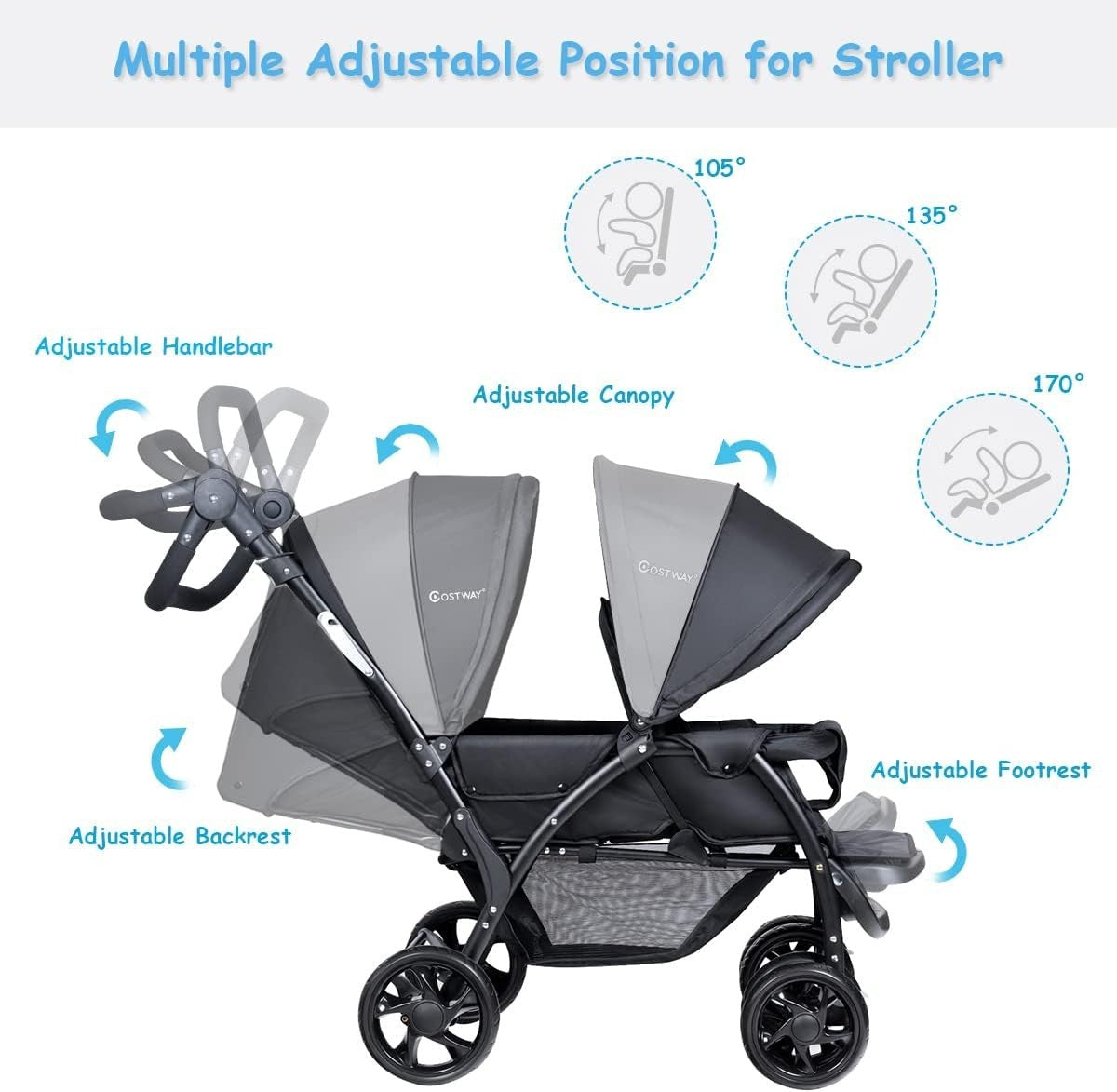 Twin Tandem Baby Stroller Black Foldable Double Seat 5-Point Harness Sunshade