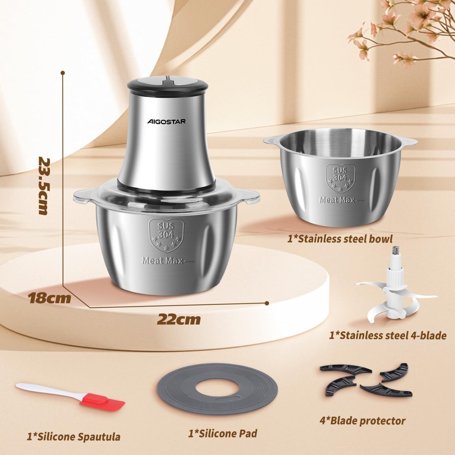 500W Mini Food Chopper 1.8L Stainless Steel Processor 2 Speed