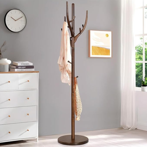 Solid Wood Coat Rack Stand 182cm Hall Tree with 12 Hooks Round Base