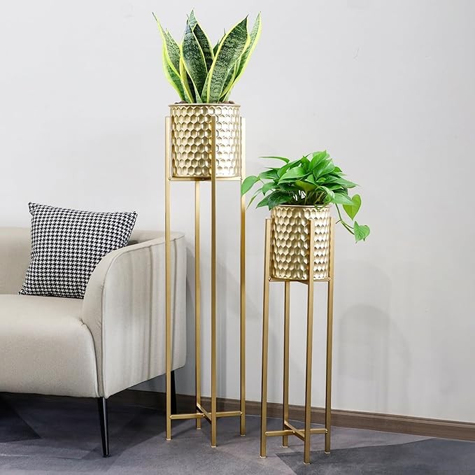Set of 2 Tall Gold Metal Planters with Stand Indoor Outdoor Modern Plant Pots