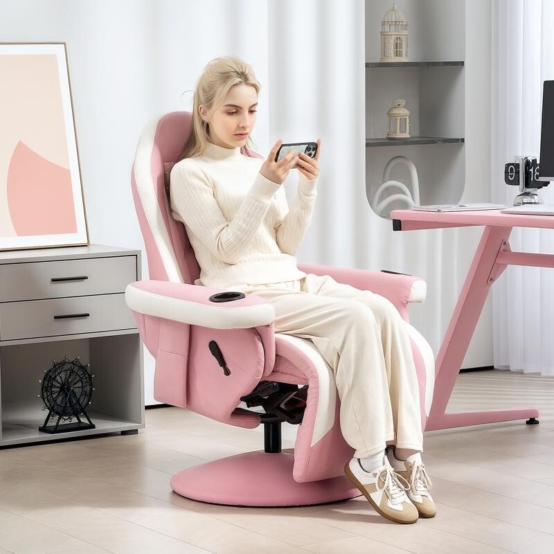 Pink Gaming Recliner Chair 360° Swivel PU Leather Seat w/ Footrest & Cups