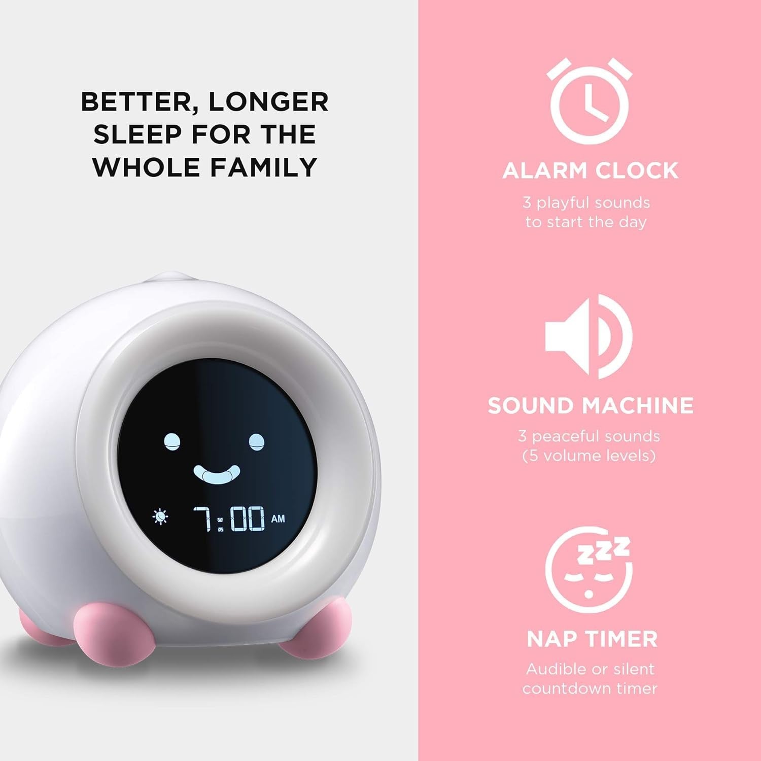 Kids Sleep Trainer Alarm Clock Night Light Sound Machine Blush Pink