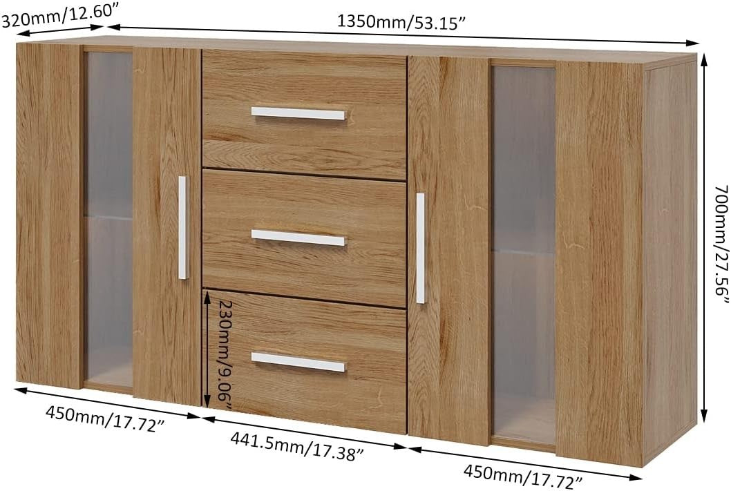 LED Sideboard Cabinet with Drawers, Glass Doors & Storage Lights, Oak