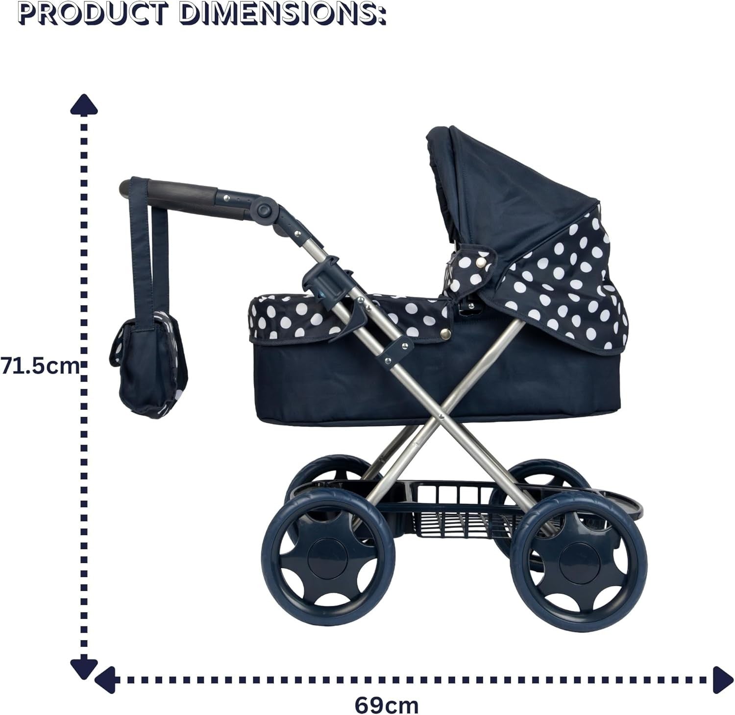 Cherish Dolls Pram Navy & White Foldable Stroller Adjustable Handle 3+