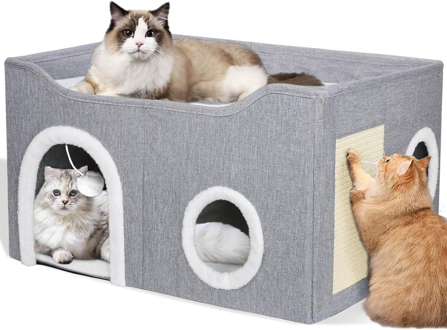 2 Layer Foldable Cat House Cave Bed Cube w Scratcher Fluffy Ball