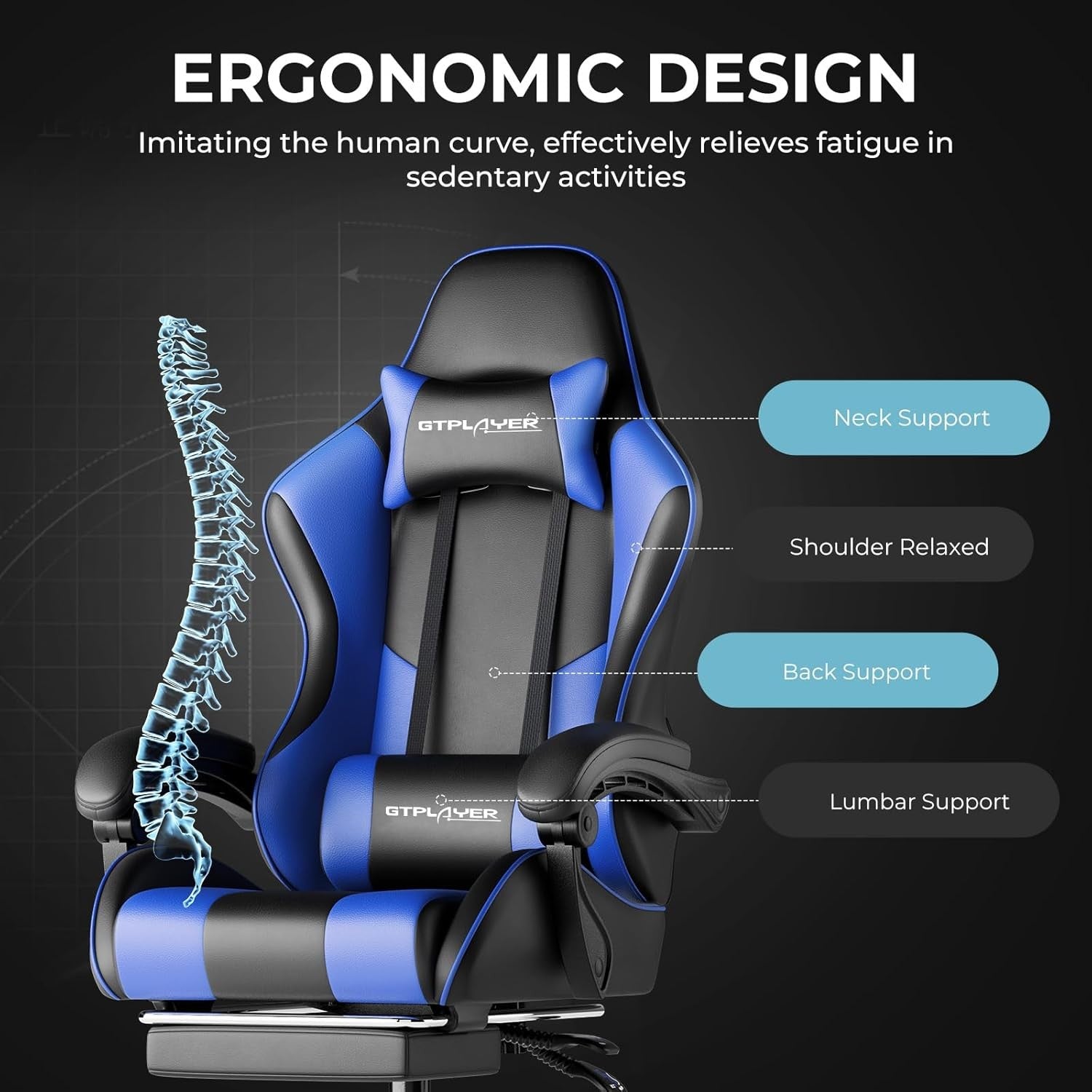 Ergonomic Gaming Chair with Footrest Massage Reclining Blue PC Seat