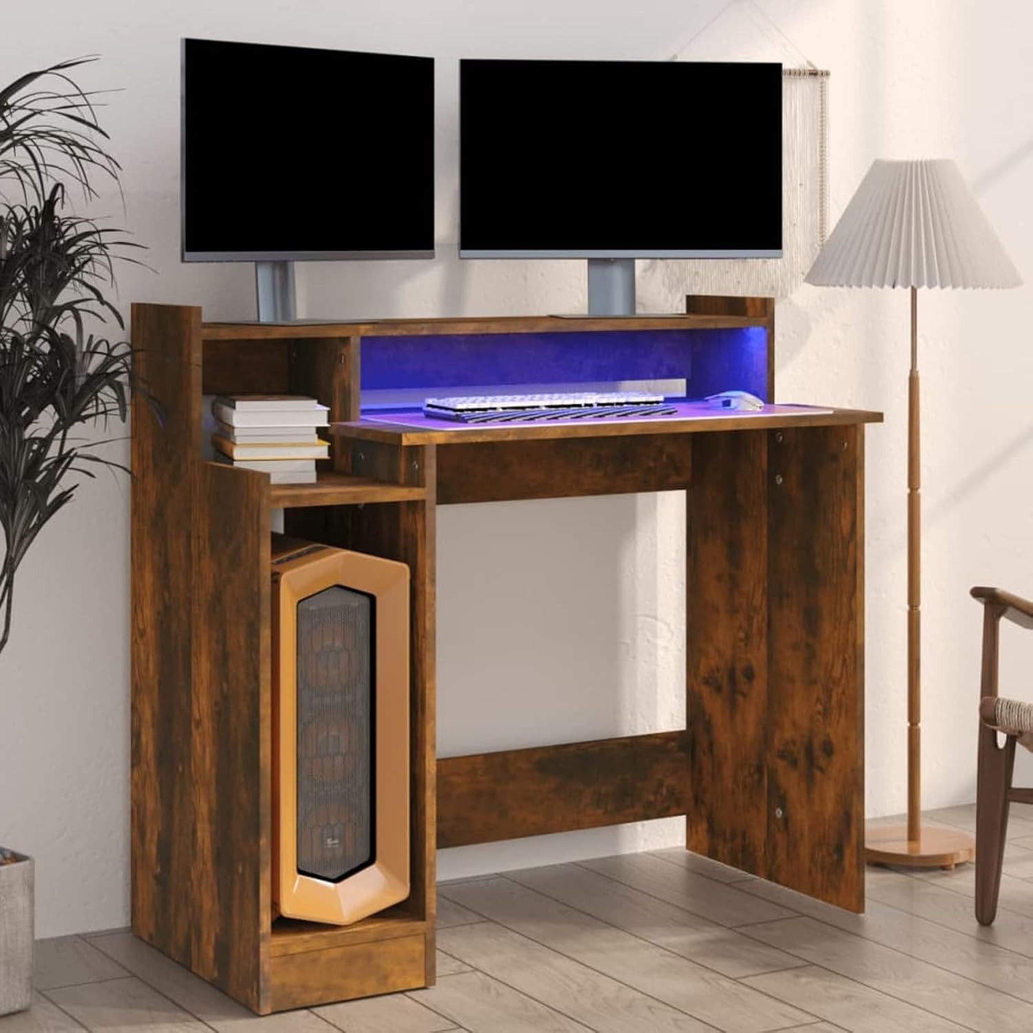 Modern Smoked Oak Computer Desk 97x90cm with LED Lights & Shelf for Office