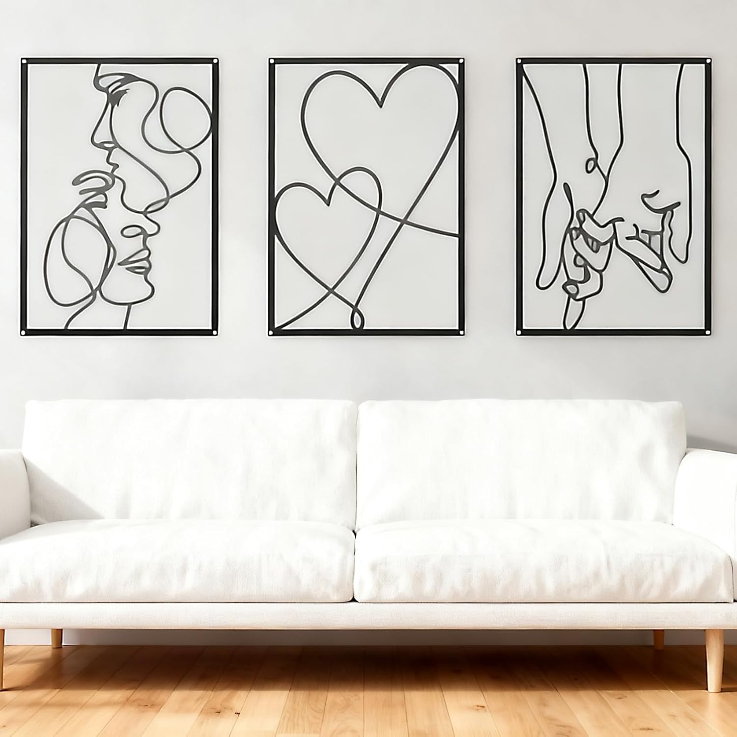 Black Metal Wall Art Set of 3 Modern Line Love Abstract 40x28cm