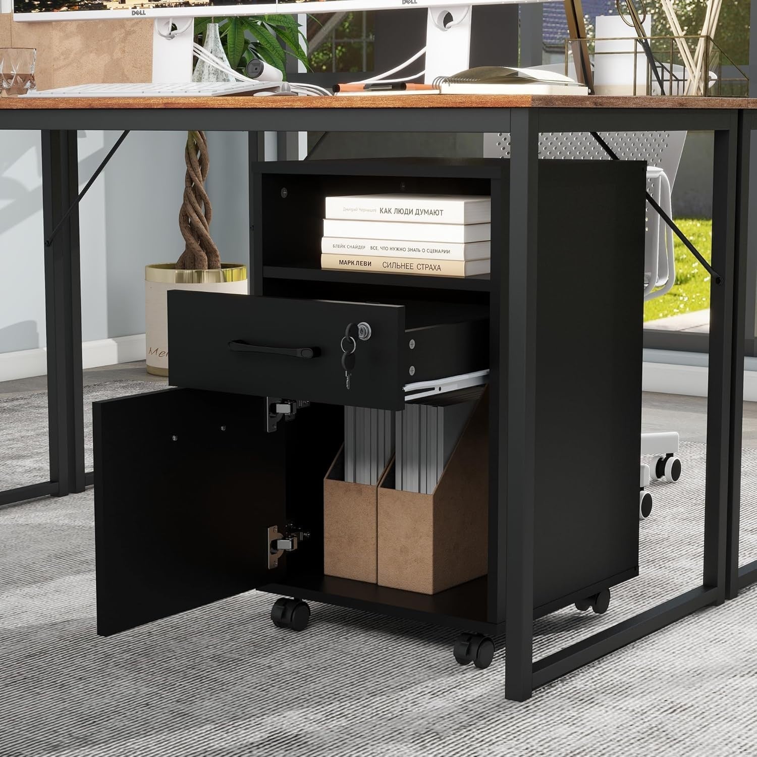 Black Mobile Filing Cabinet Lockable Drawer Printer Stand Under Desk