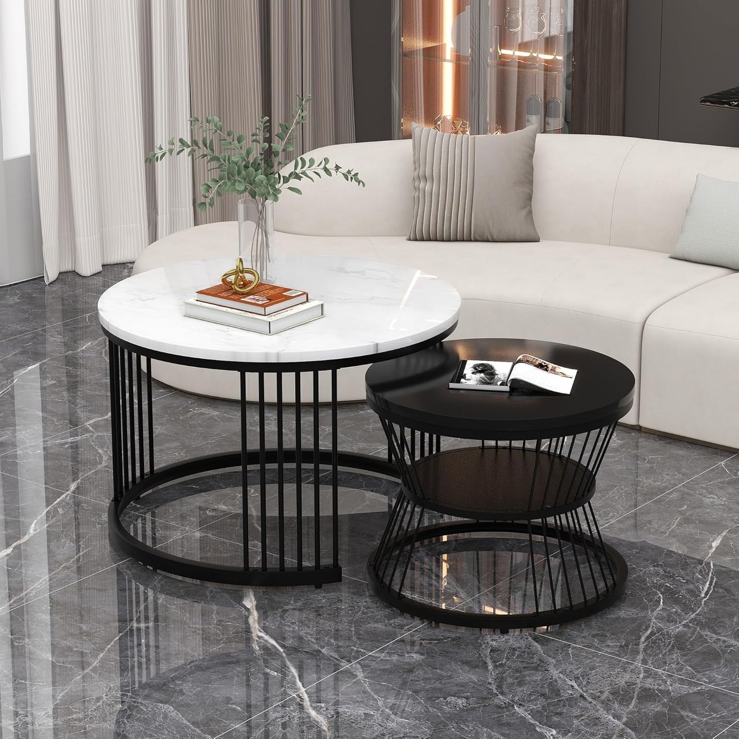 Nesting Coffee Tables Set of 2 Round Metal Frame Nightstand Black & White
