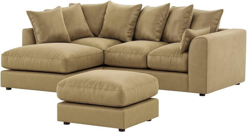 Soft Plush Velvet L Shape 4 Seater Corner Sofa with Footstool - Space Saving