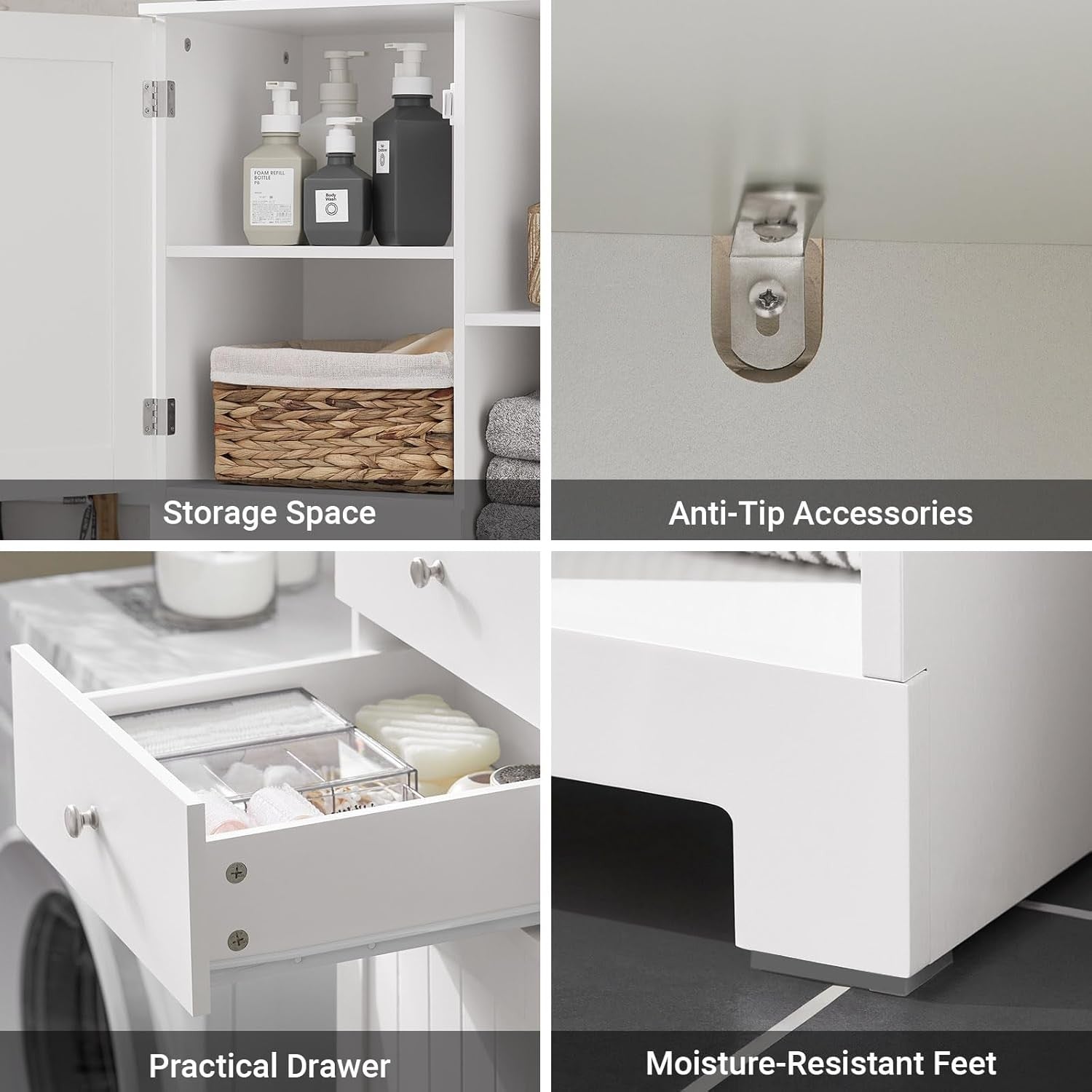 Tall Slim Bathroom Storage Cabinet with Laundry Basket Shelves White